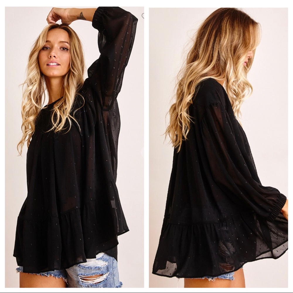 Bohemian metallic dot black chic stylish fashionable Ruffle hem top